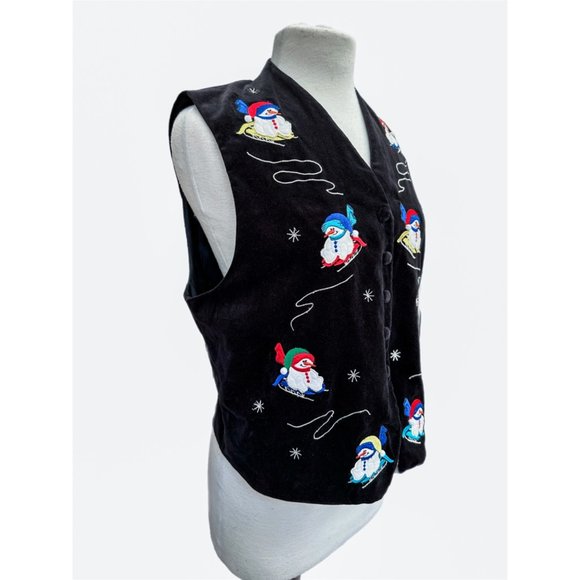 Vintage Karen Scott Black Velvet Embroidered Snowman Button Up Vest | Size Mediu - Picture 3 of 6